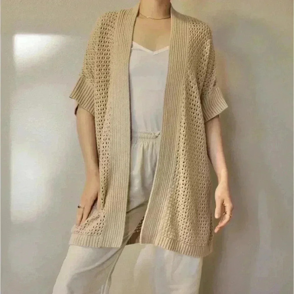 Lauren Conrad Cardigan Sweater Size Medium Open Front Tan waist Tie Knit - Picture 4 of 14